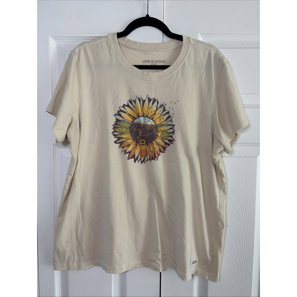 Life is Good Crusher Tee Womens XL Beige Sunflower Graphic Cotton T-Shirt XL